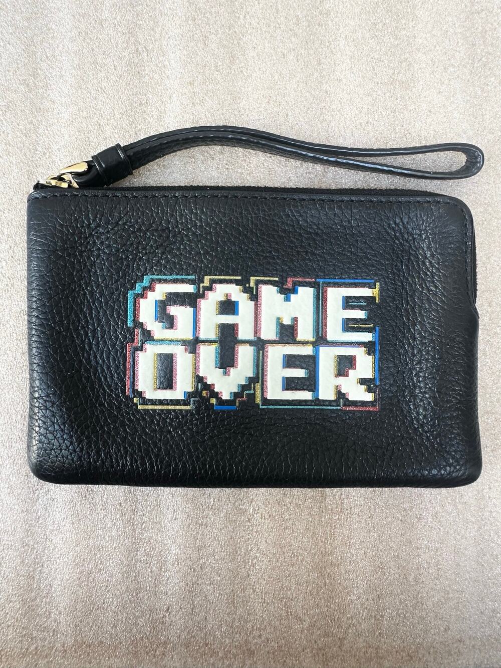 Coach PAC-MAN Game Over Black Leather Gold Hardware Corner Zip Wristlet F73399